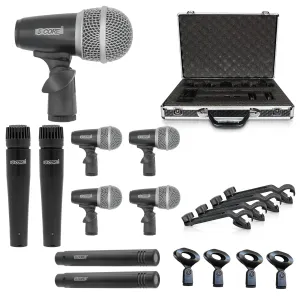 5 Core Drum Microphone Kit 9 Piece Full Metal Dynamic Wired Drums Mic Set for Drummers w Kick Bass Tom Snare   Carrying Silver Case Sponge Thread Holder for Vocal & Other Instrument - DM 9RND