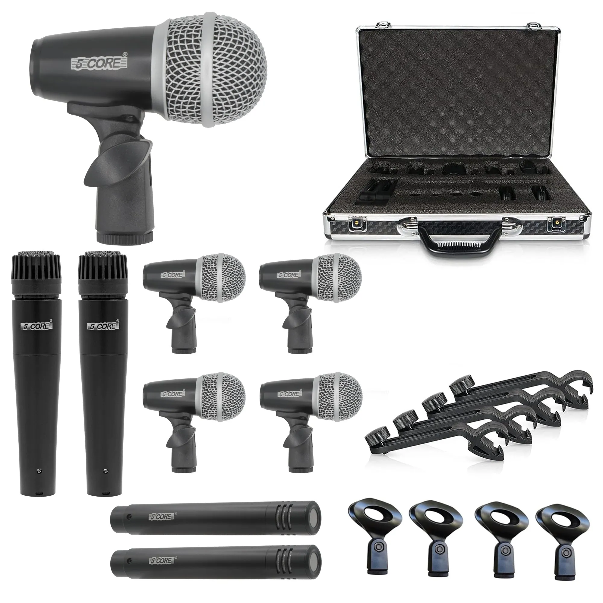 5 Core Drum Microphone Kit 9 Piece Full Metal Dynamic Wired Drums Mic Set for Drummers w Kick Bass Tom Snare   Carrying Silver Case Sponge Thread Holder for Vocal & Other Instrument - DM 9RND