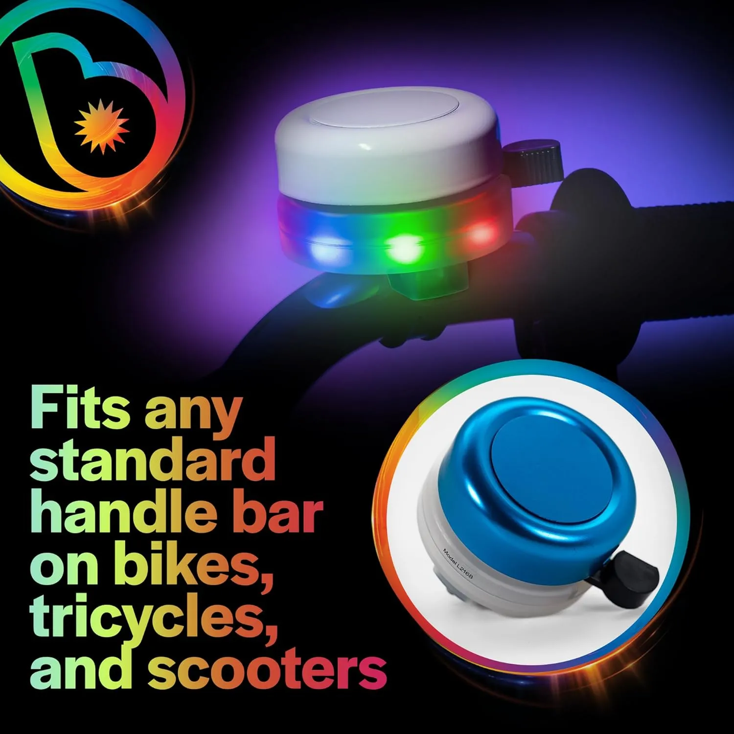 Brightz BellBrightz LED Light Up Bike Bell for Kids & Adults - Twinkling Rainbow LED Halo Light - Easy Push Thumb Switch for Bell Sound Unique Bicycle Accessory for All Ages