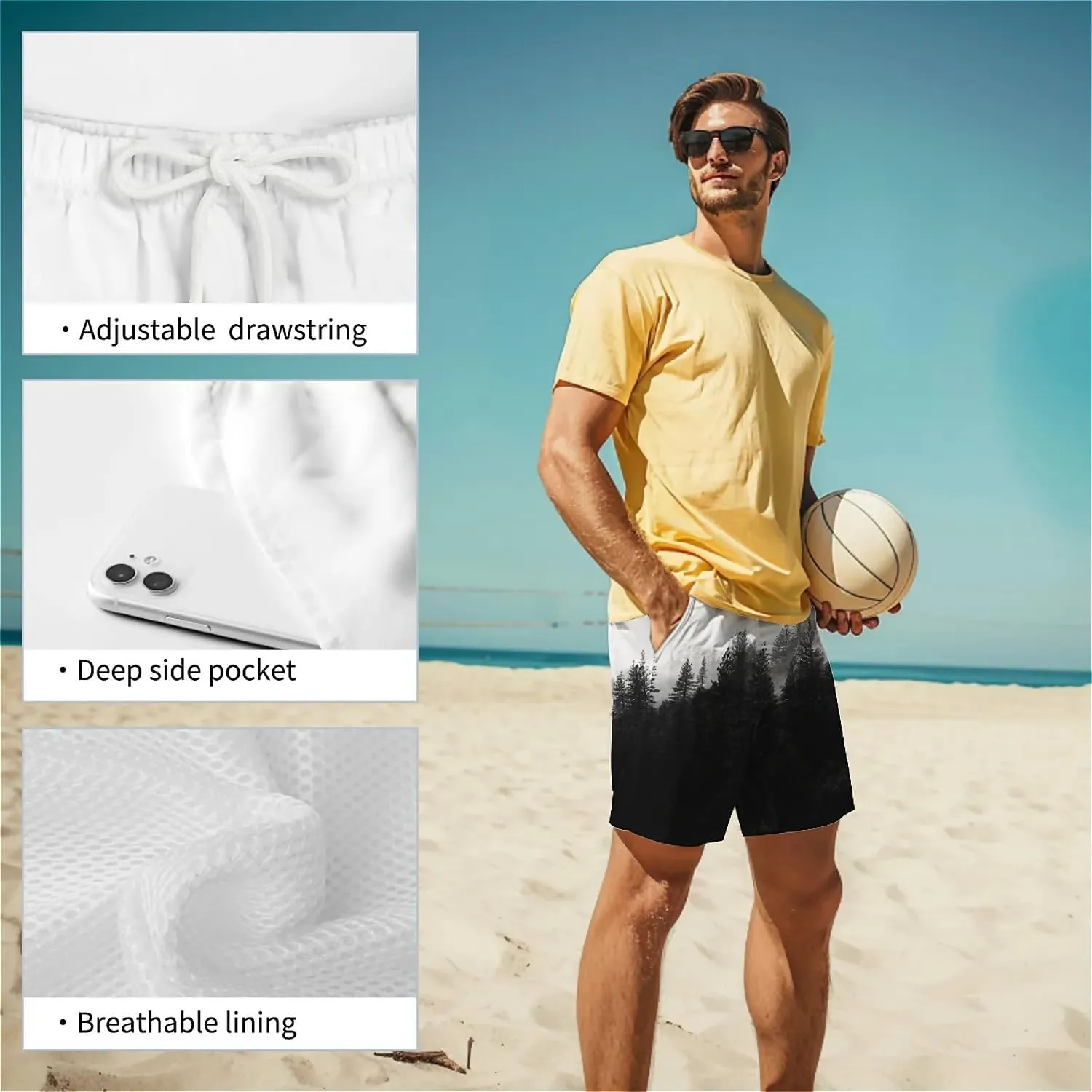 Galaxy Green Men's Swim Trunks Hawaiian Bathing Mesh Lining Suit Swimsuits Beach Shorts with Pockets