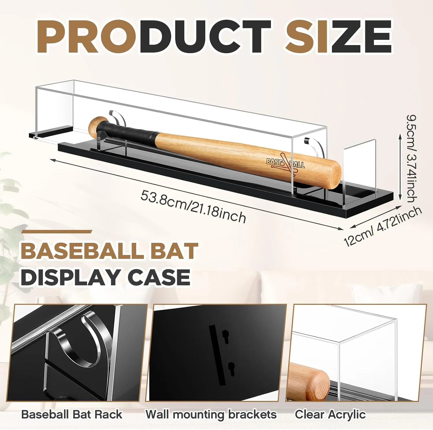 Mini Baseball Bat Display Case 21.18 x 4.72 x 3.74 Inches Wall Mounted Tabletop Bat Display Case W/98% UV Protection Holder for Sport Collector Memorabilia Birthday Gift