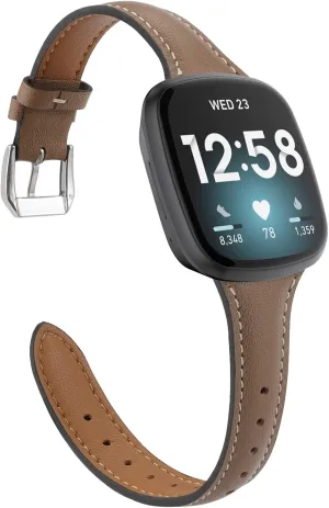 Moolia Compatible with Fitbit Versa 4/Versa 3/Sense 2/Sense Band for Women Slim Strap, Top Grain Genuine Thin Leather Replacement Wristband for Women for Versa 4/Versa 3 Watch Band, Tan