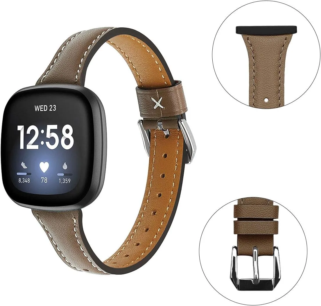 Moolia Compatible with Fitbit Versa 4/Versa 3/Sense 2/Sense Band for Women Slim Strap, Top Grain Genuine Thin Leather Replacement Wristband for Women for Versa 4/Versa 3 Watch Band, Tan