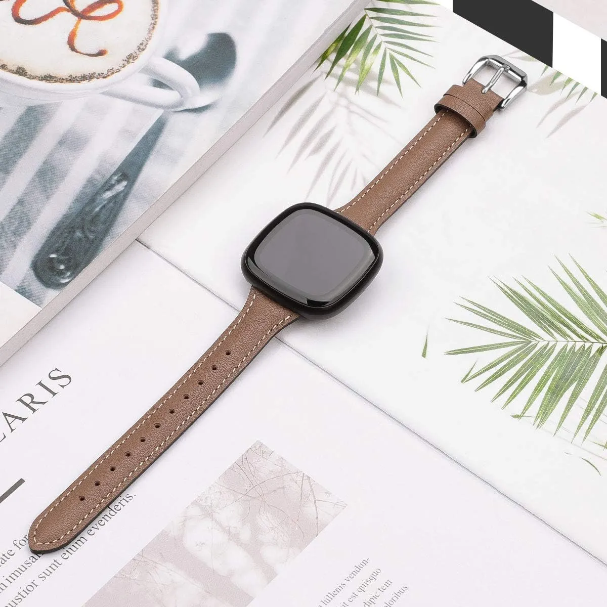 Moolia Compatible with Fitbit Versa 4/Versa 3/Sense 2/Sense Band for Women Slim Strap, Top Grain Genuine Thin Leather Replacement Wristband for Women for Versa 4/Versa 3 Watch Band, Tan