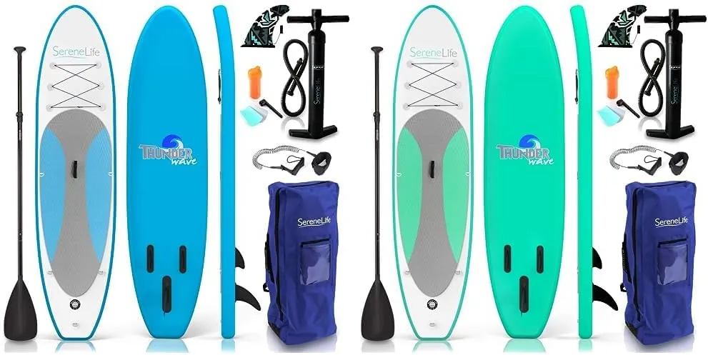 SereneLife Inflatable Stand Up Paddle Board (6 Inches Thick) with Premium SUP Accessories & Carry Bag | Wide Stance, Bottom Fin for Paddling, Surf Control, Non-Slip Deck | Youth & Adult Standing Boat