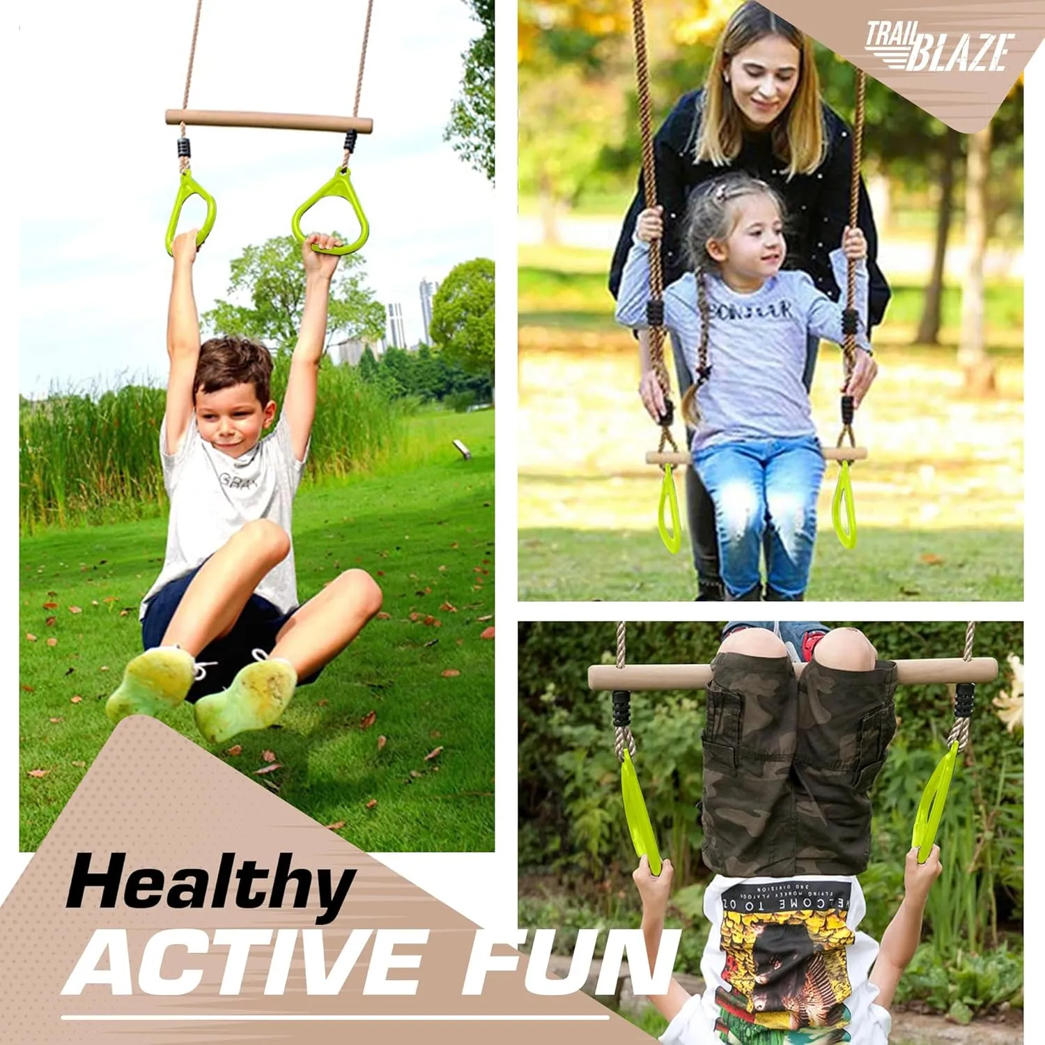 TRAILBLAZE Trapeze Bar Gym Rings - Ultimate Swing Set Accessories Ninja Warrior Obstacle Course Monkey Bars for Backyard - Outdoor Playground Accessories for Kids Adjustable Height Swing Bar
