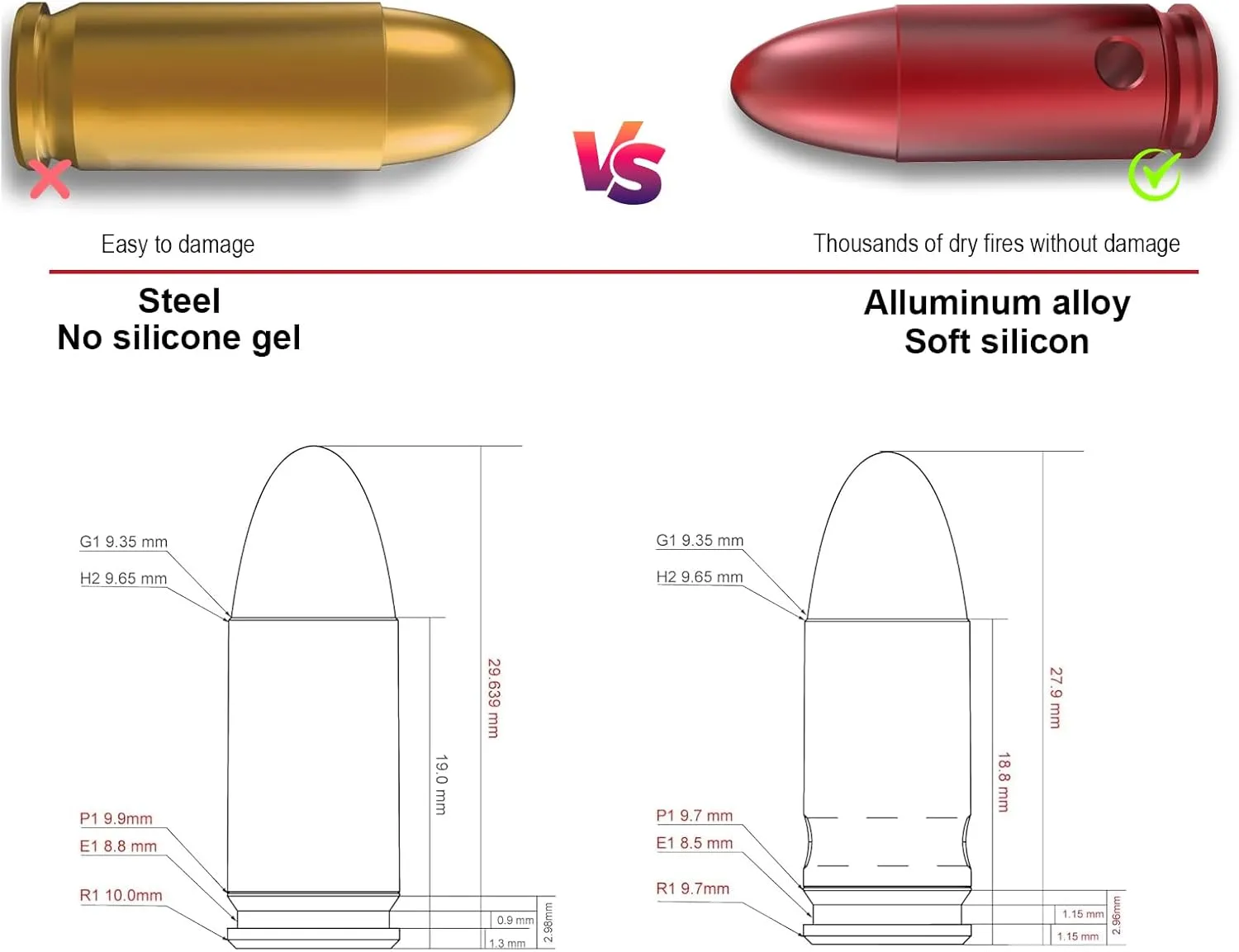 Training Snap Caps Dummy Rounds, Durable CNC-Machined Aluminum Alloy Safe for Handling Drills & Dry Fire Practice, Ideal for Shooting Skill Training.
