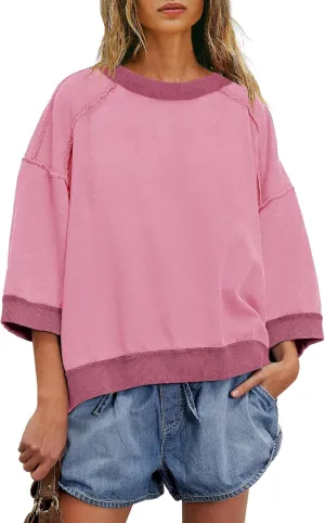 Yanekop Womens Crewneck Short Sleeve Sweatshirt 3/4 Sleeve Tops Color Block Oversized Sweatshirt Summer Shirts