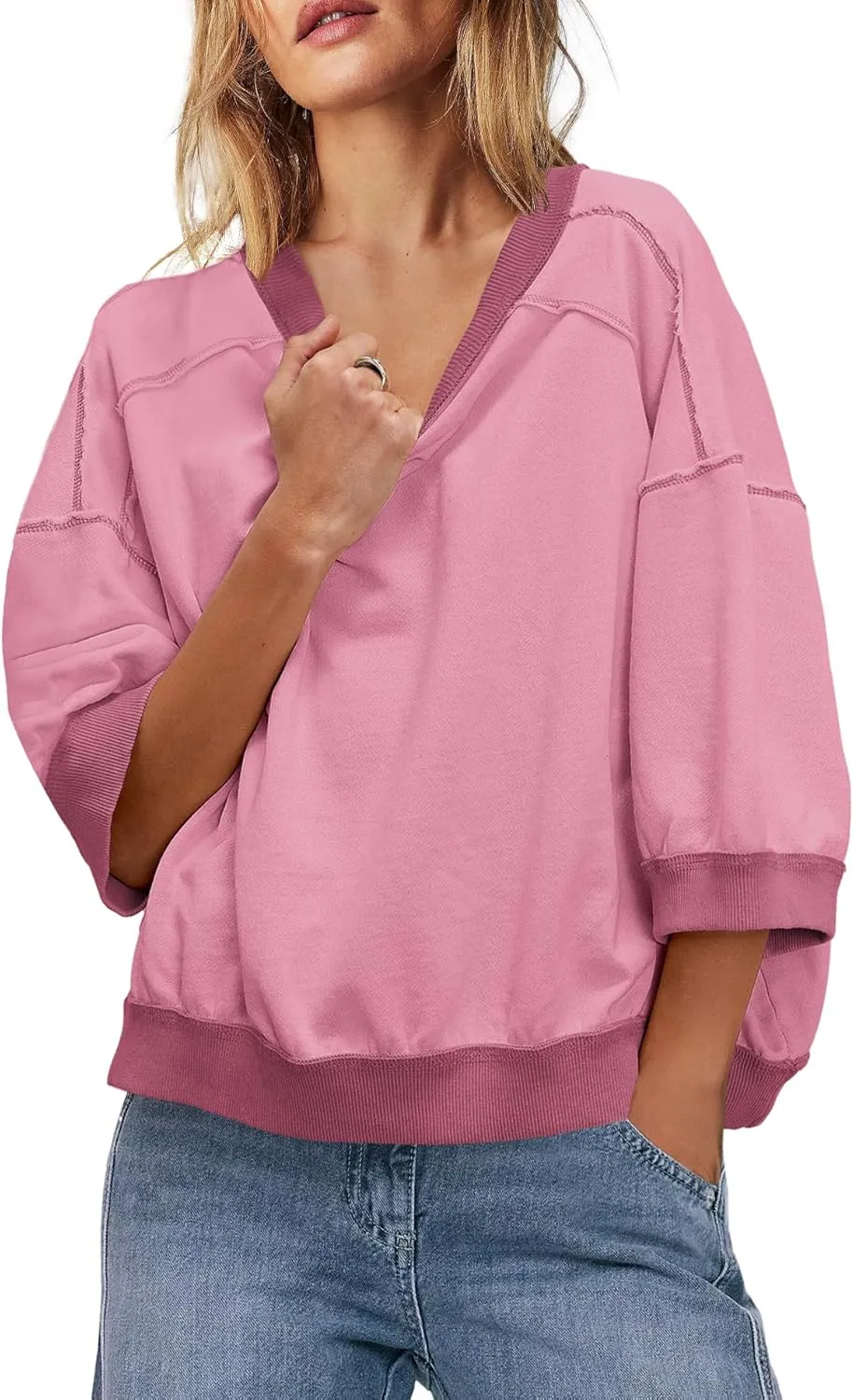 Yanekop Womens Crewneck Short Sleeve Sweatshirt 3/4 Sleeve Tops Color Block Oversized Sweatshirt Summer Shirts