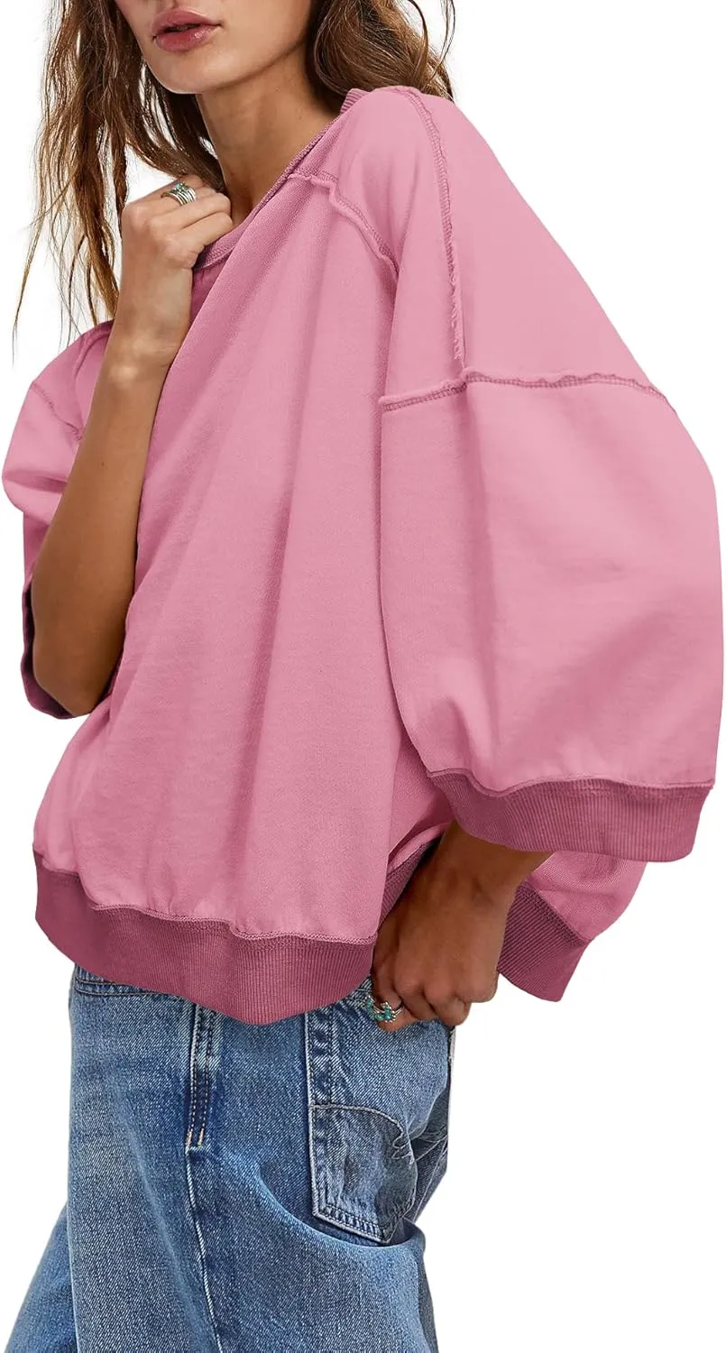 Yanekop Womens Crewneck Short Sleeve Sweatshirt 3/4 Sleeve Tops Color Block Oversized Sweatshirt Summer Shirts